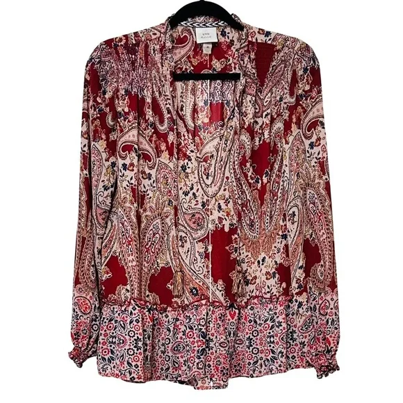 Knox Rose Boho Peasant Blouse Red Paisley Ruffle Hem Long Sleeve Top Sz Medium - Picture 4 of 9